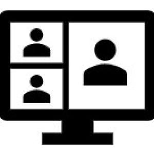 Icon depicting people in an online meeting on a computer screen.
